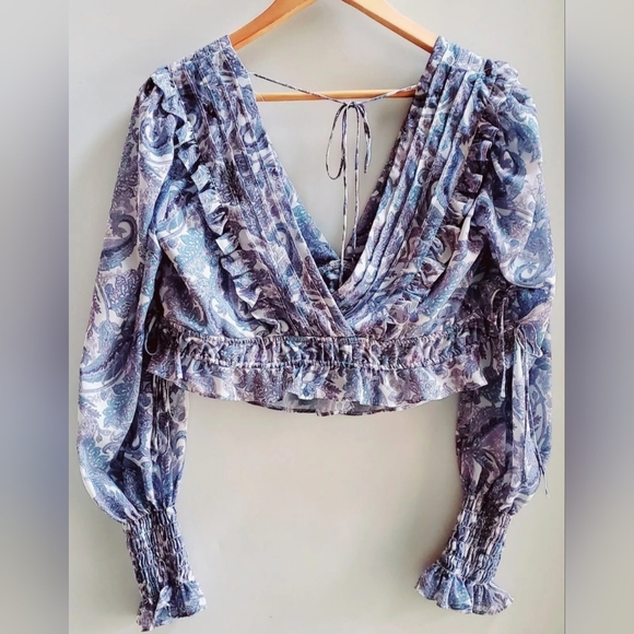 For Love & Lemons Blouse Crop Top Janelle Boho Ruffle V-Neck CT-1770 Blu/Wht/Prp - Picture 8 of 12